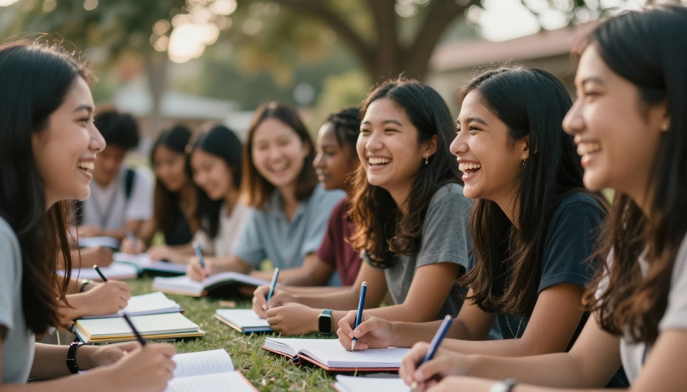 Diverse group of students laughing on a library lawn Diverse group of students laughing on a library lawn
