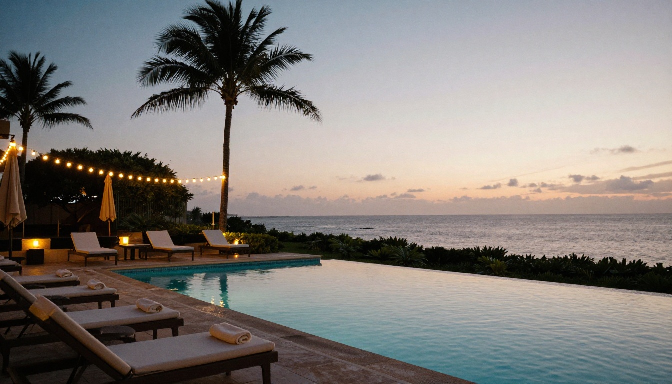 A boutique hotel pool terrace at dusk with loungers and string lights