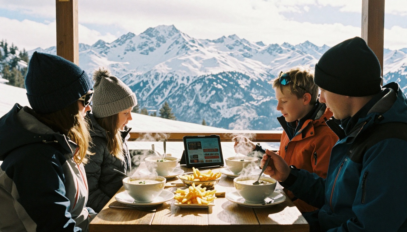 Family of four in ski jackets eating soup on a mountain restaurant terrace
