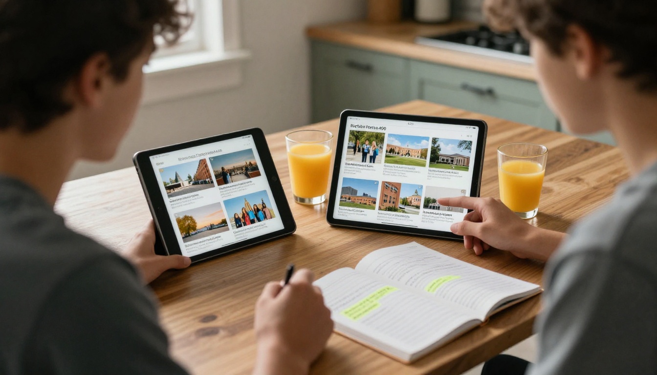 Teenager comparing several college viewbooks at a kitchen table with a tablet Teenager comparing several college viewbooks at a kitchen table with a tablet