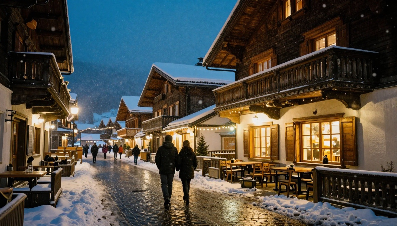 Ski village street at night with chalets, string lights and falling snow