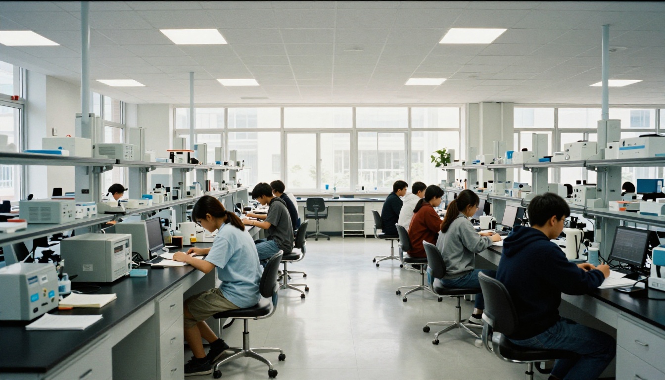Students working in a modern university science lab Students working in a modern university science lab