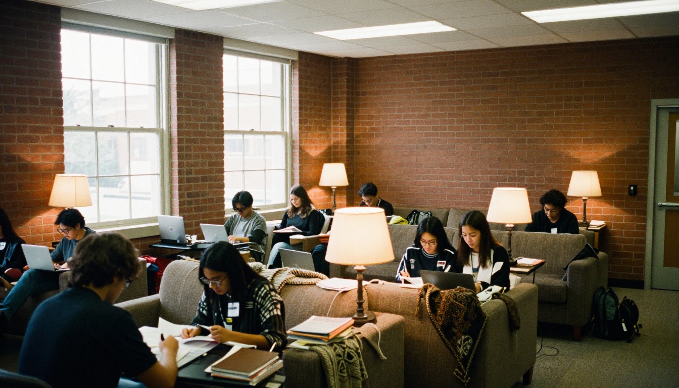 Students studying together in a university dorm common room Students studying together in a university dorm common room