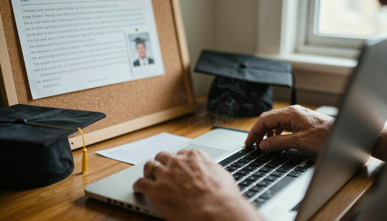 Alumnus typing a class note on a laptop at a kitchen table
