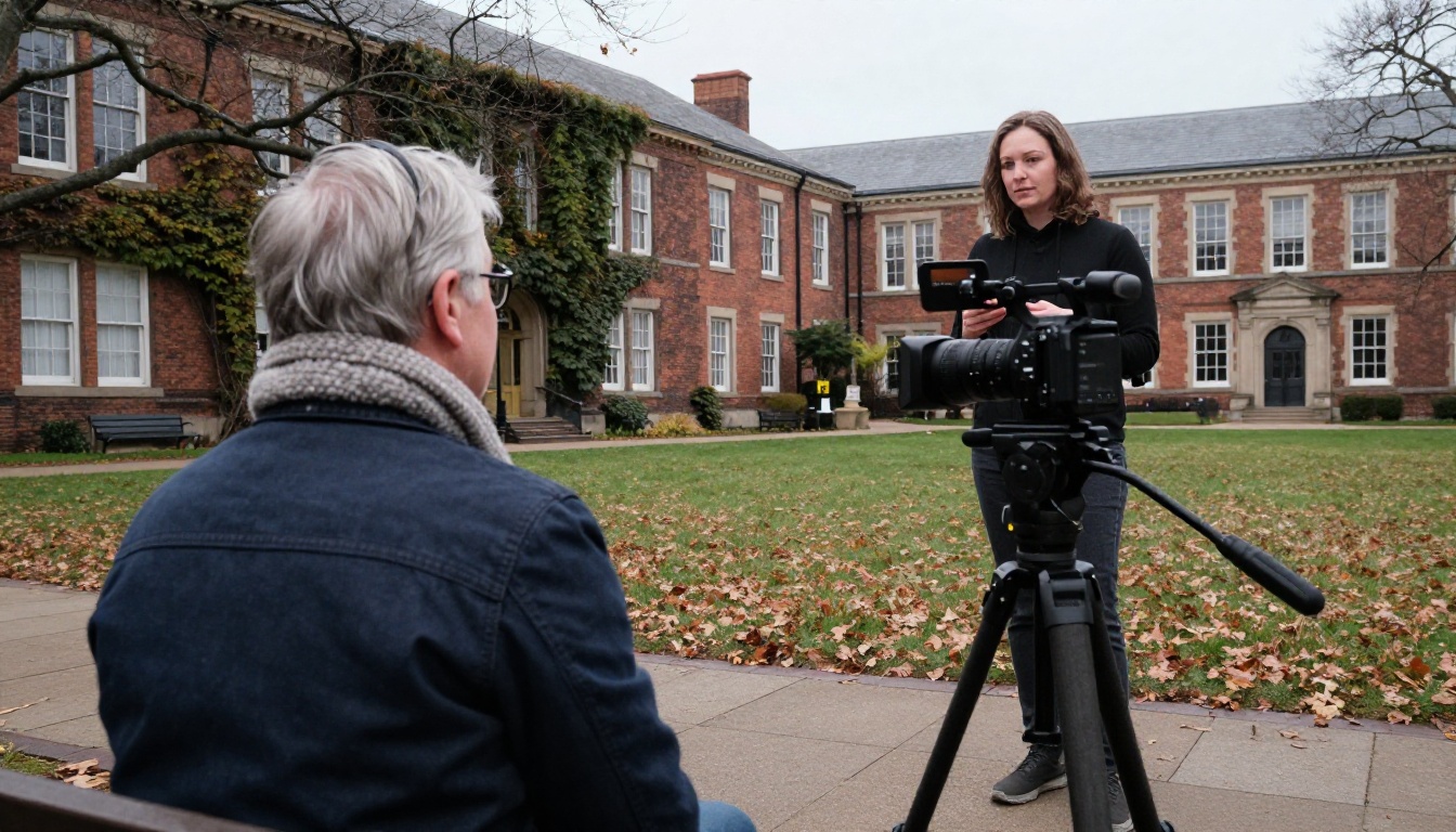Videographer filming an interview with a silver-haired alumna on a campus bench