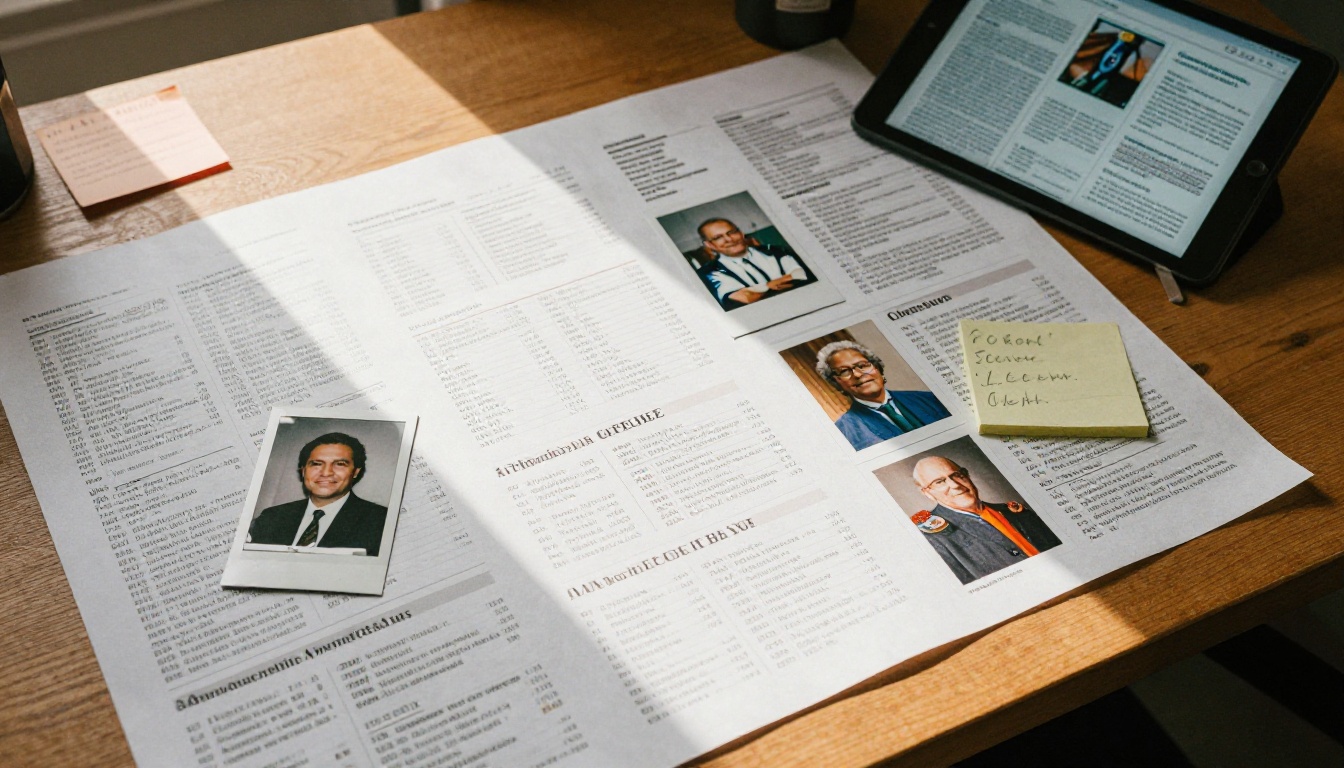 Top-down view of a desk covered with yearbook pages and a tablet layout