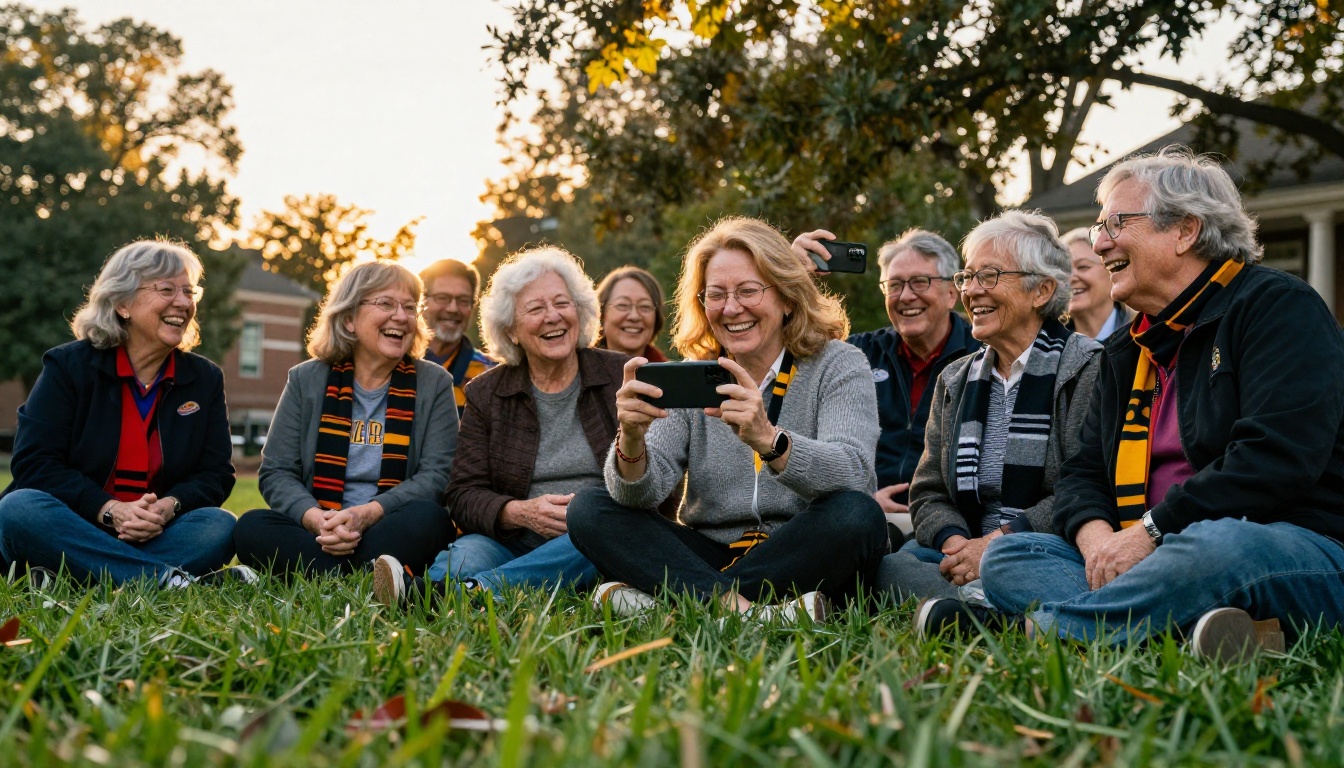 Group of laughing alumni at a homecoming reunion on a college lawn