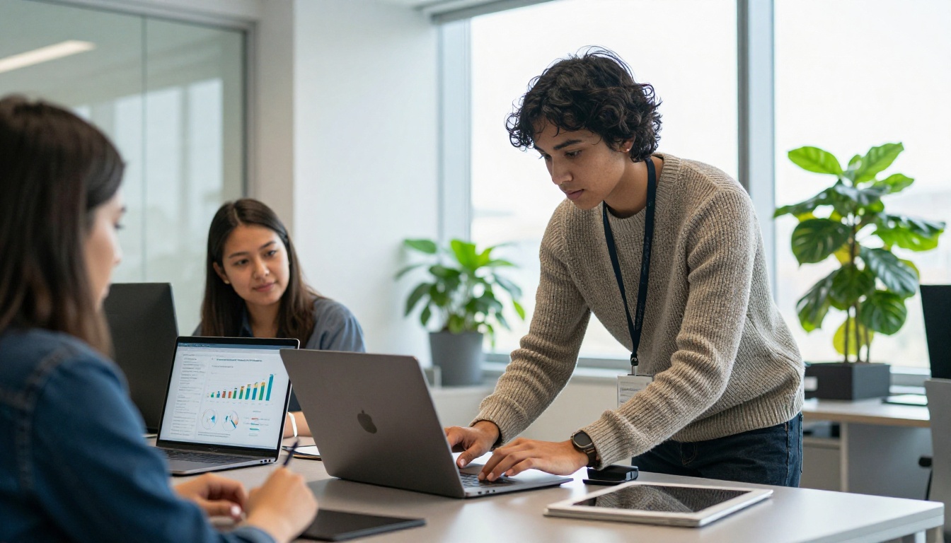 Development officer presenting analytics on a laptop to two colleagues