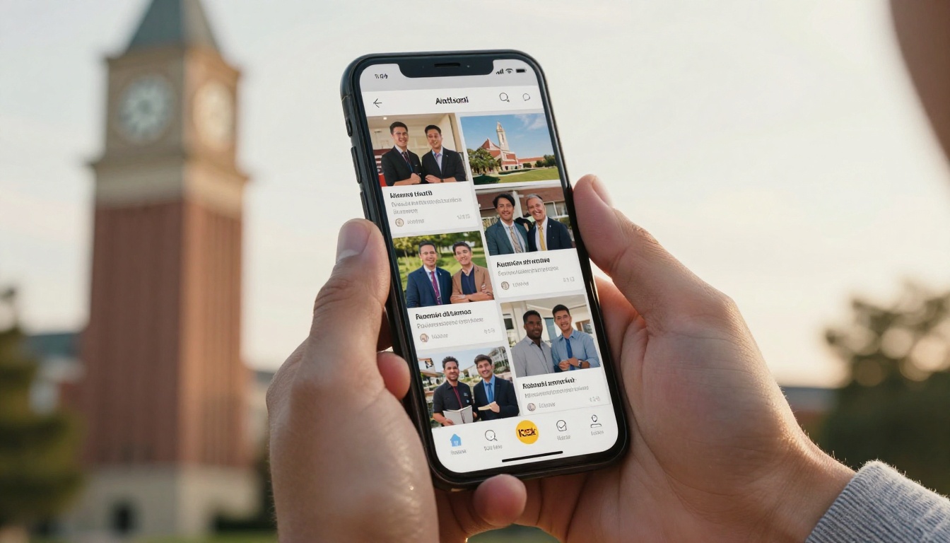 Hands holding a smartphone showing a digital magazine page of alumni profiles