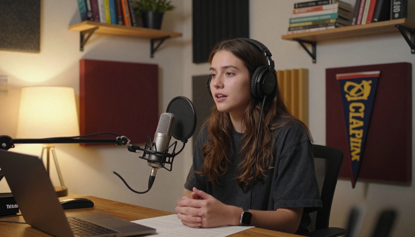 Young alumna recording a podcast in a cozy home studio