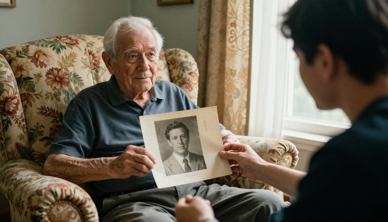 Student intern interviewing an elderly alumnus holding an old class photo