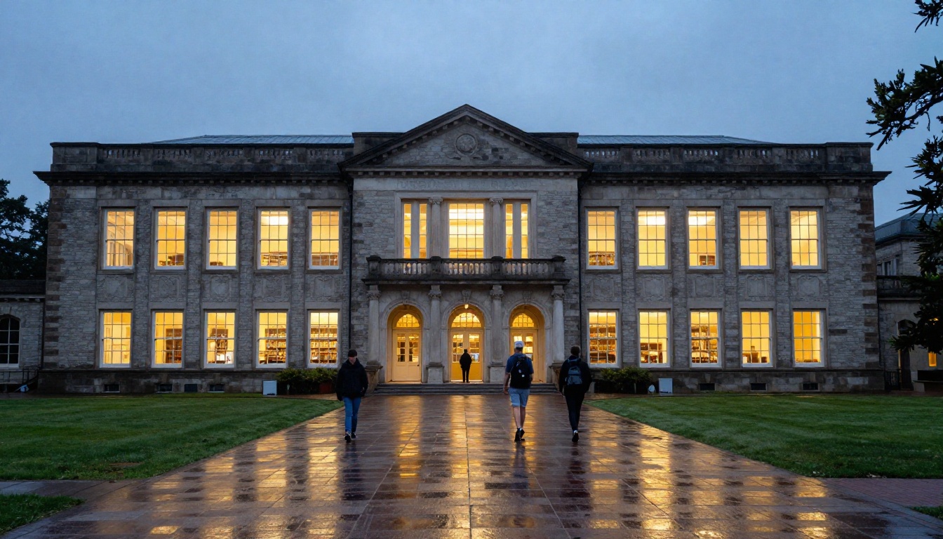 Wide view of a university library at dusk with lit windows