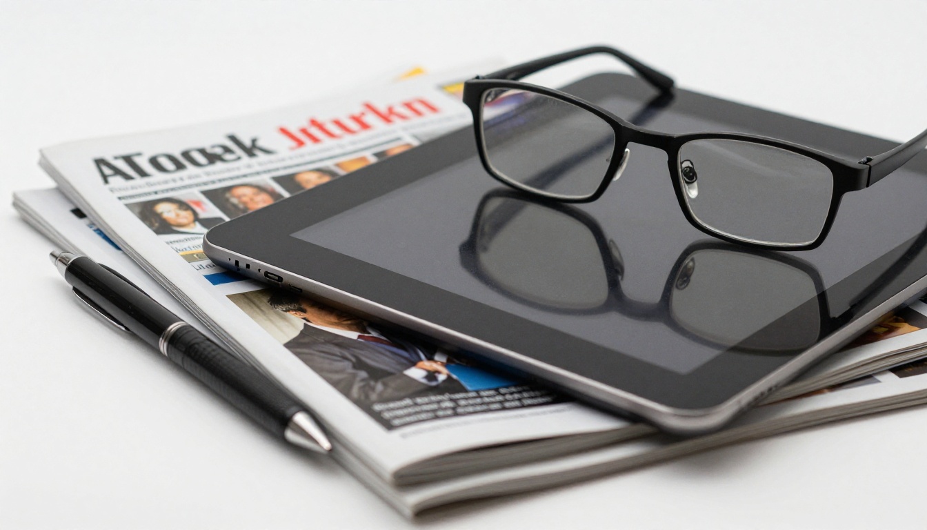 Stack of printed alumni magazines with a tablet resting on top