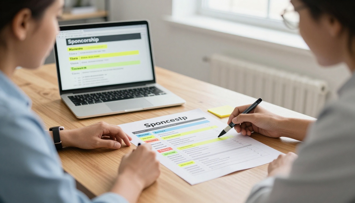 Two event organizers reviewing a printed sponsorship tier sheet with highlighters