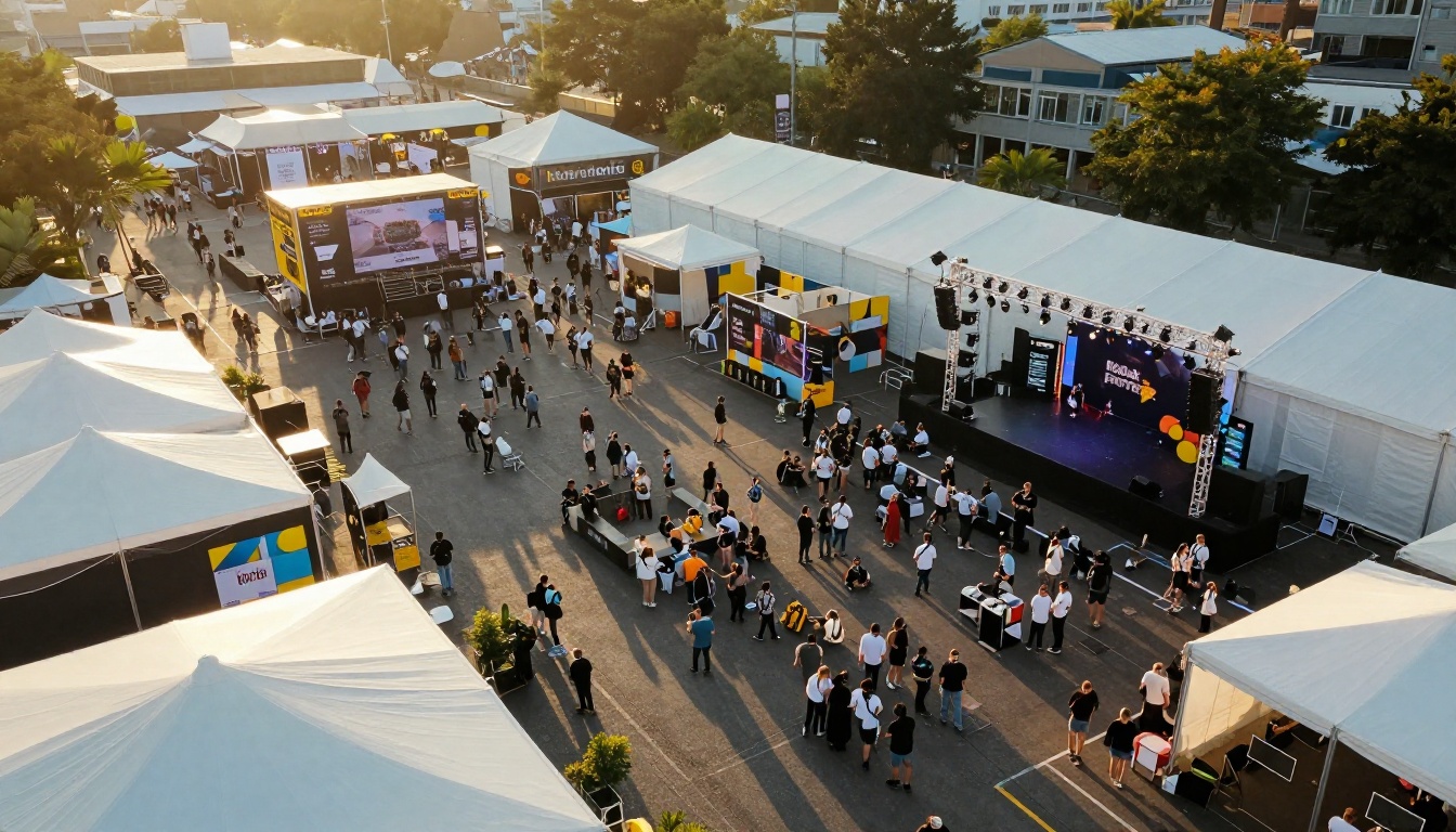 Aerial view of a crowded outdoor festival plaza with booths and a main stage