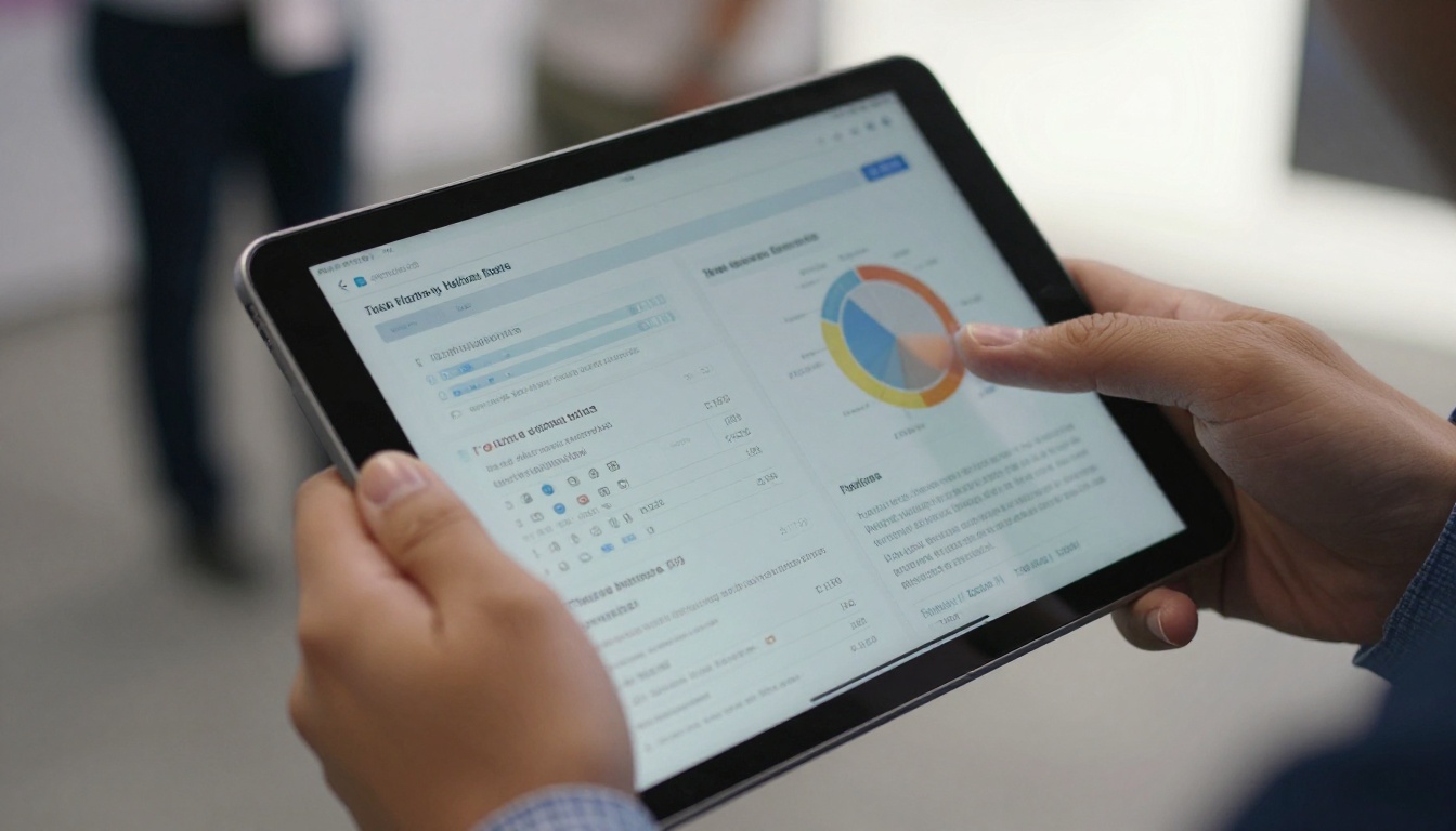 Hands holding a tablet showing attendee demographic charts on a trade show floor