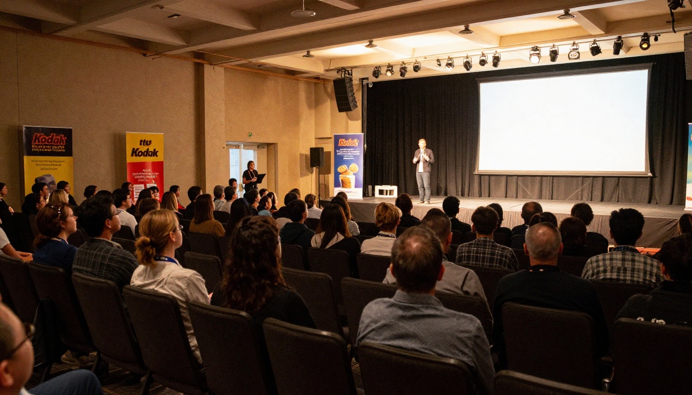 Low-angle view of a conference stage with a speaker and sponsor banners