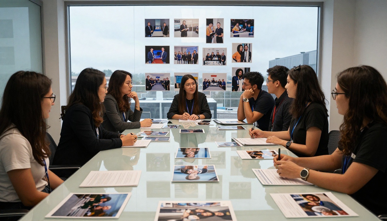 A marketing team reviewing printed photos from past events on a meeting table