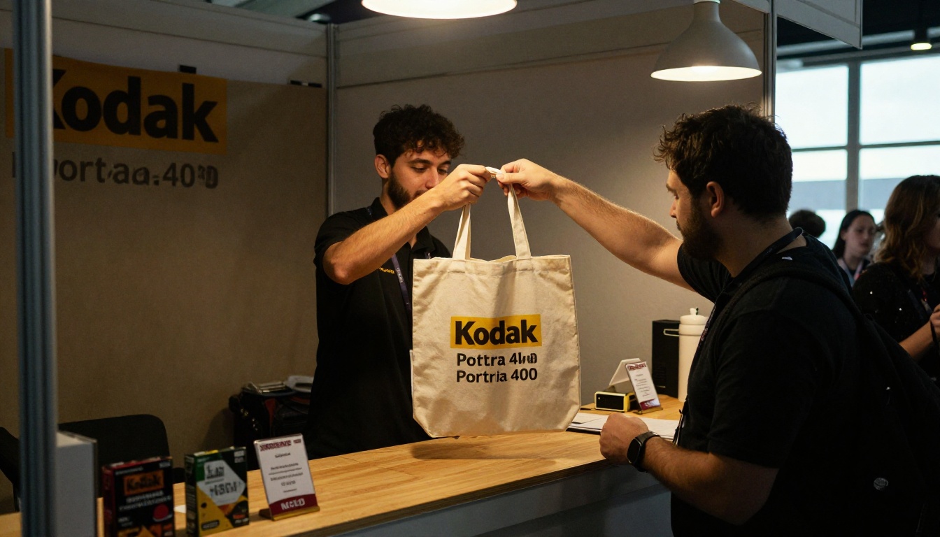 A staff member handing a visitor a tote bag at a sponsor booth