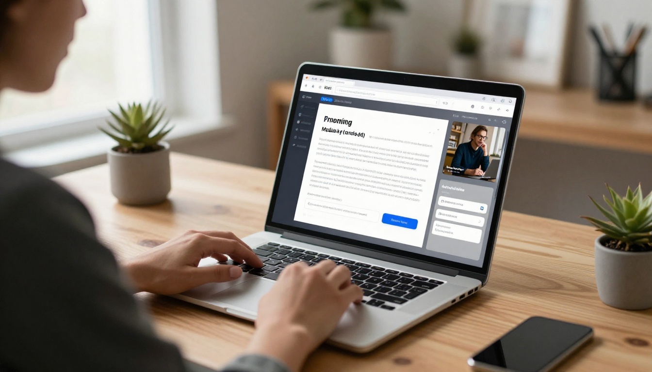 Person reading an interactive digital brochure on a laptop in a bright home office