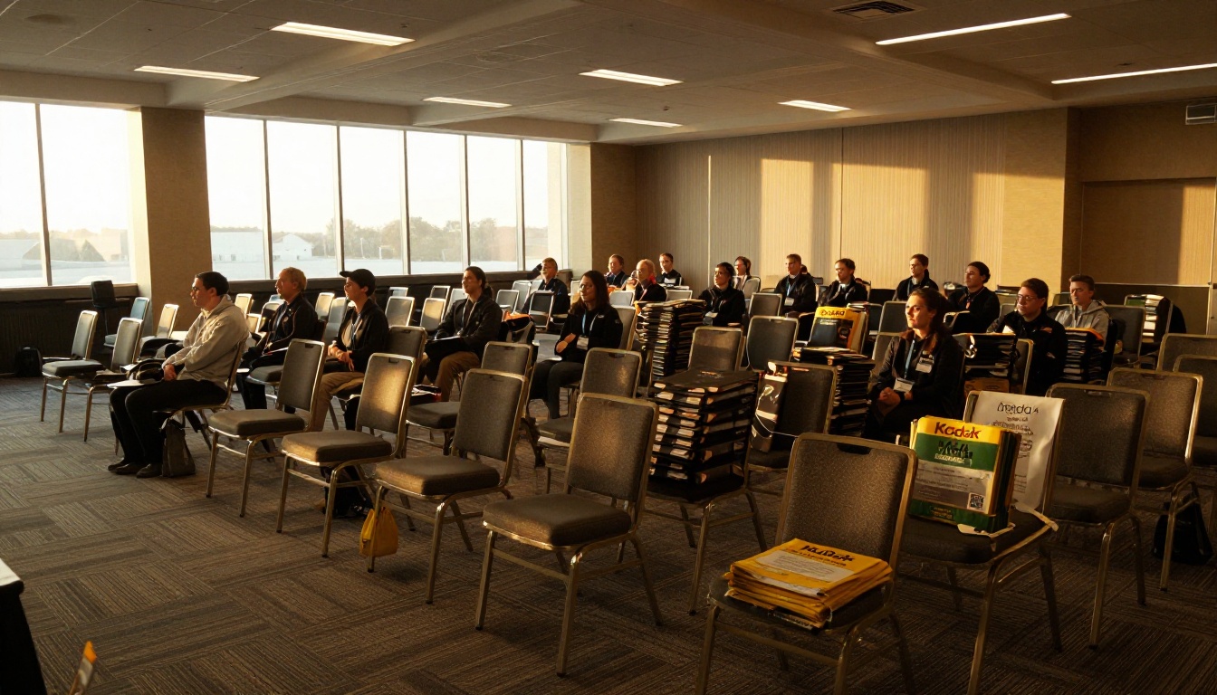 An event team standing together in an emptying hall after a successful conference