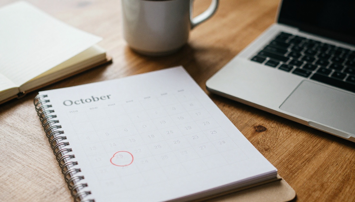 Calendar with a circled date on a laptop desk Calendar with a circled date on a laptop desk