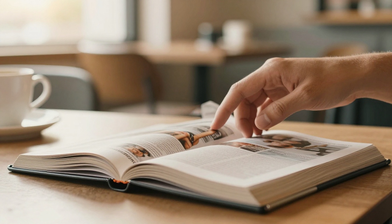 Tablet showing a magazine-style page viewer with a hand turning the page