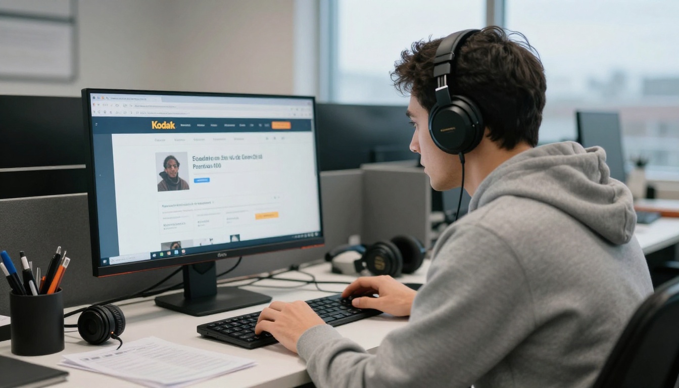 Man in a gray hoodie reviewing a website on a widescreen monitor