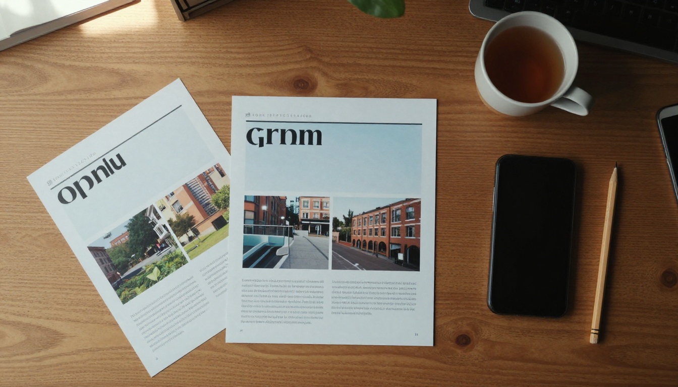 Flat lay of a printed brochure, smartphone, and tablet on a wooden desk