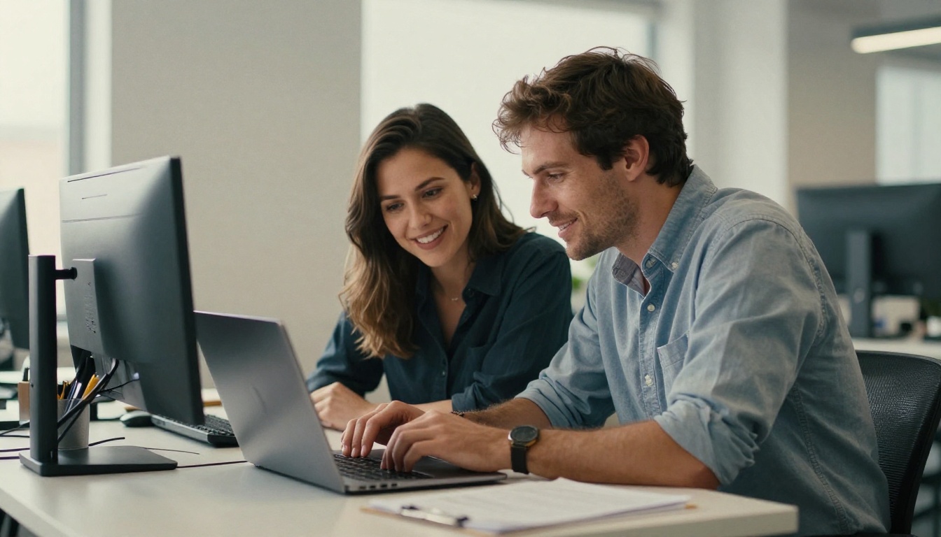Two colleagues collaborating at a standing desk and looking at a laptop
