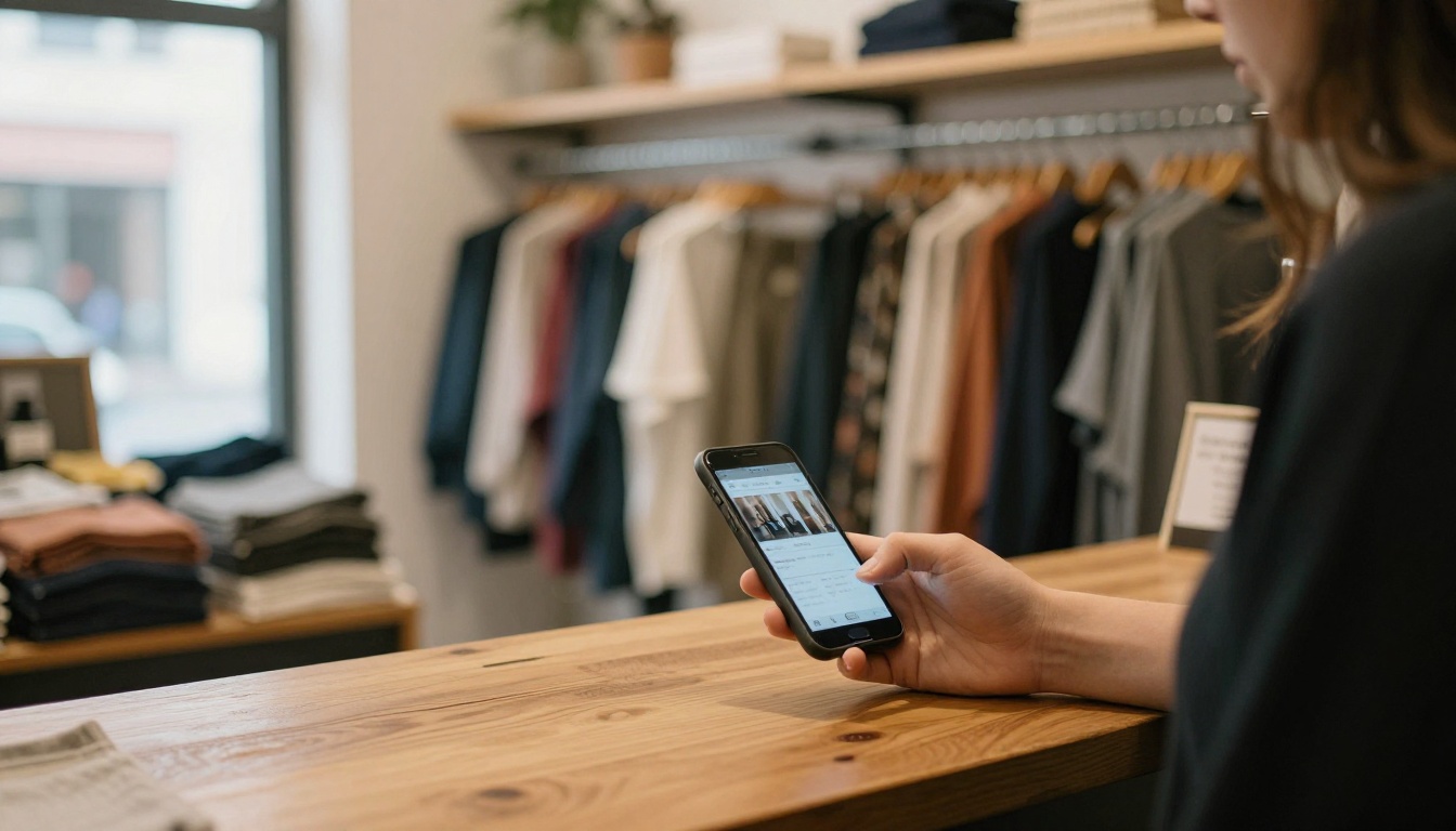 Boutique owner holding a smartphone with her catalog Boutique owner holding a smartphone with her catalog