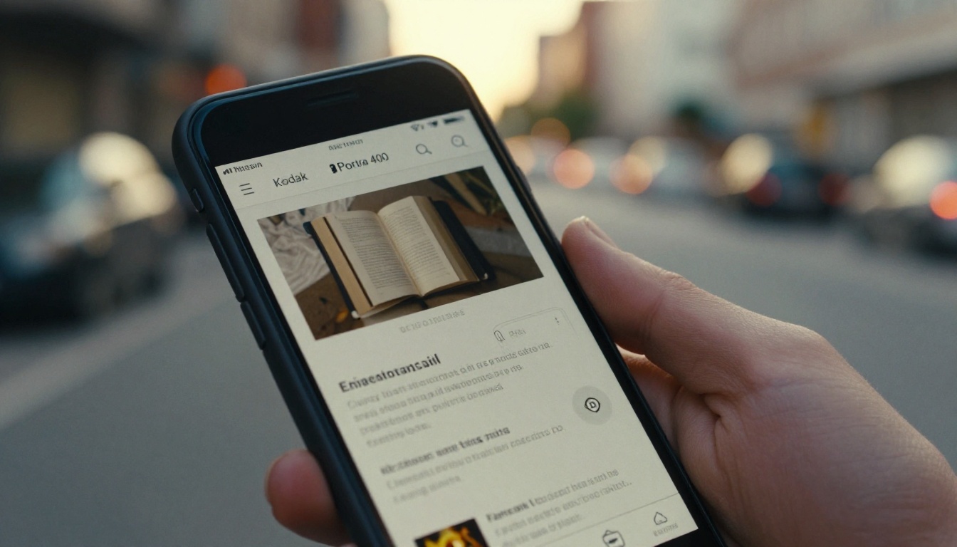 Smartphone held in a hand showing a mobile page with a book-style viewer