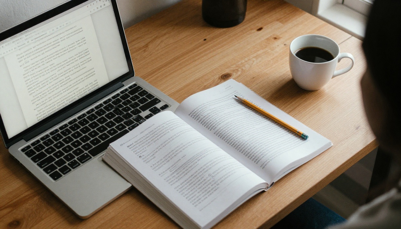 A tidy desk with a laptop showing a page-turning digital book next to a printed workbook