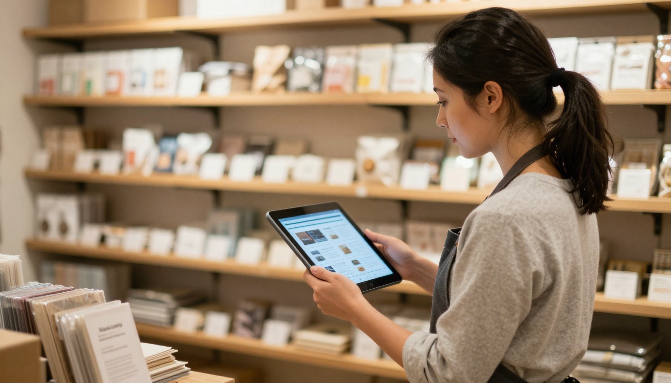 Boutique owner holding a tablet that shows a digital catalog