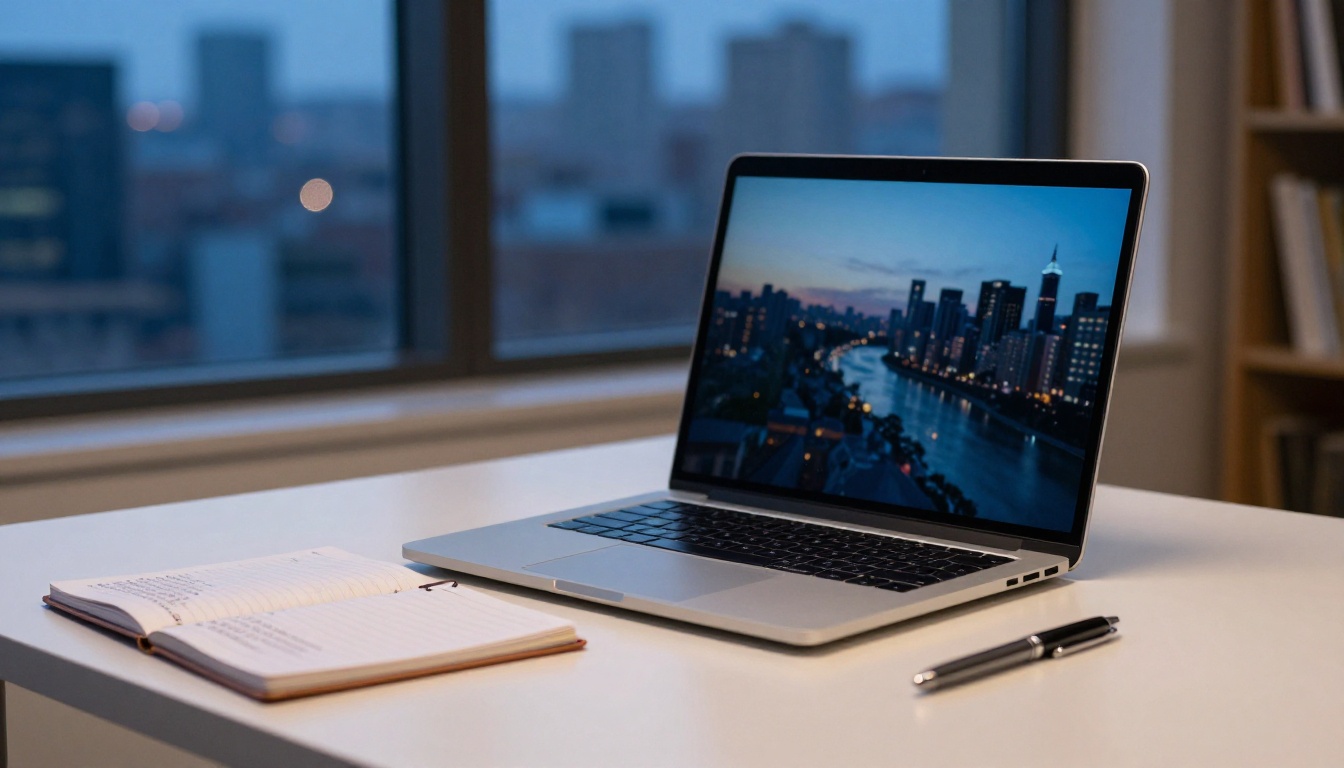 Laptop on a minimalist desk at dusk with a notebook checklist beside it
