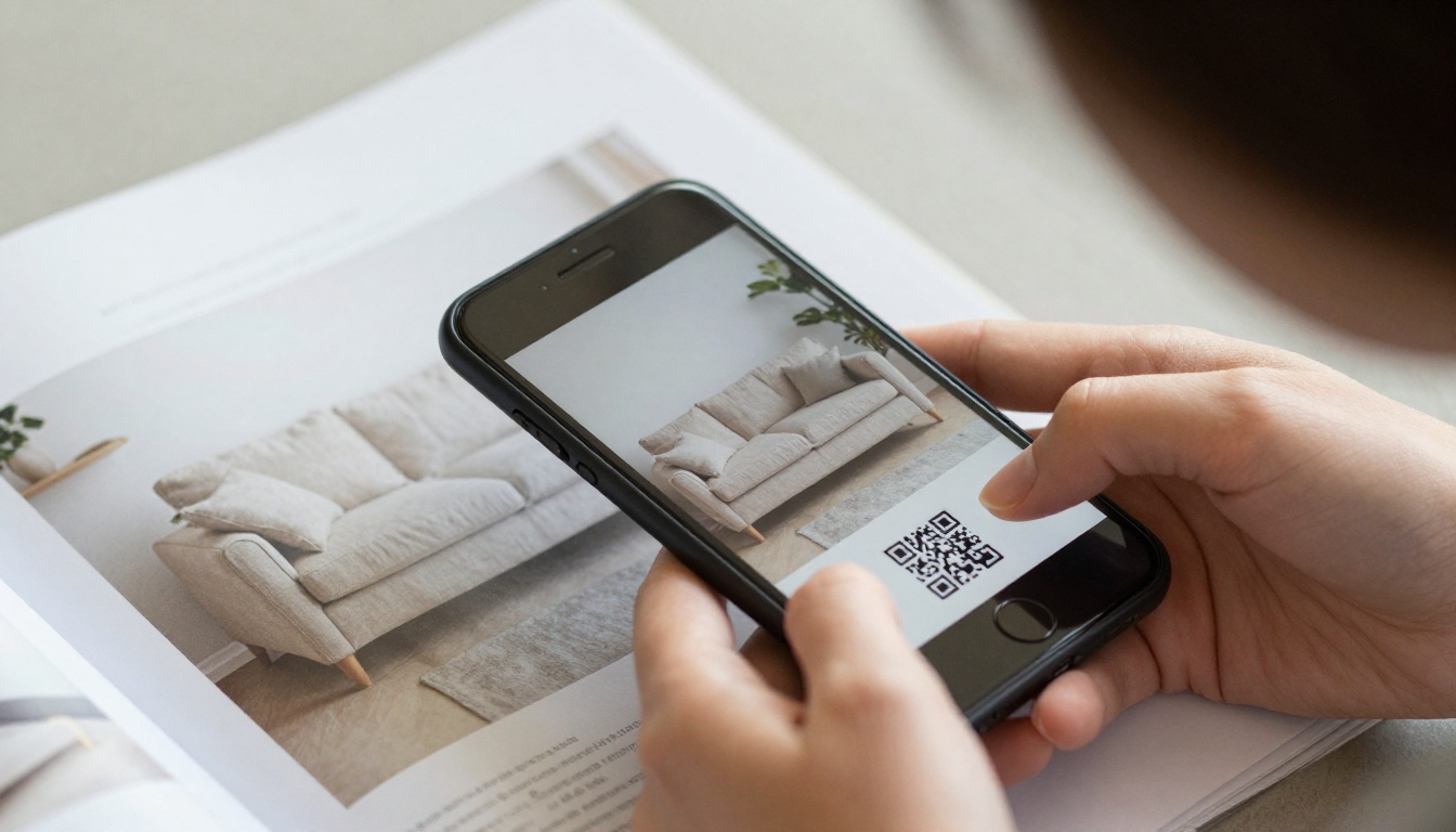 A hand holding a smartphone to scan a QR code on a printed catalog page