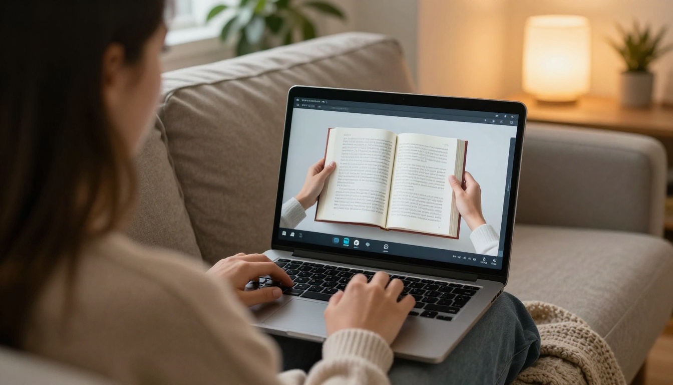A student on a sofa watching an online lesson with a digital book on a laptop