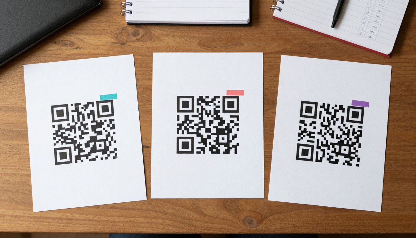 Three printed catalog versions laid out on a table, each with a different QR code