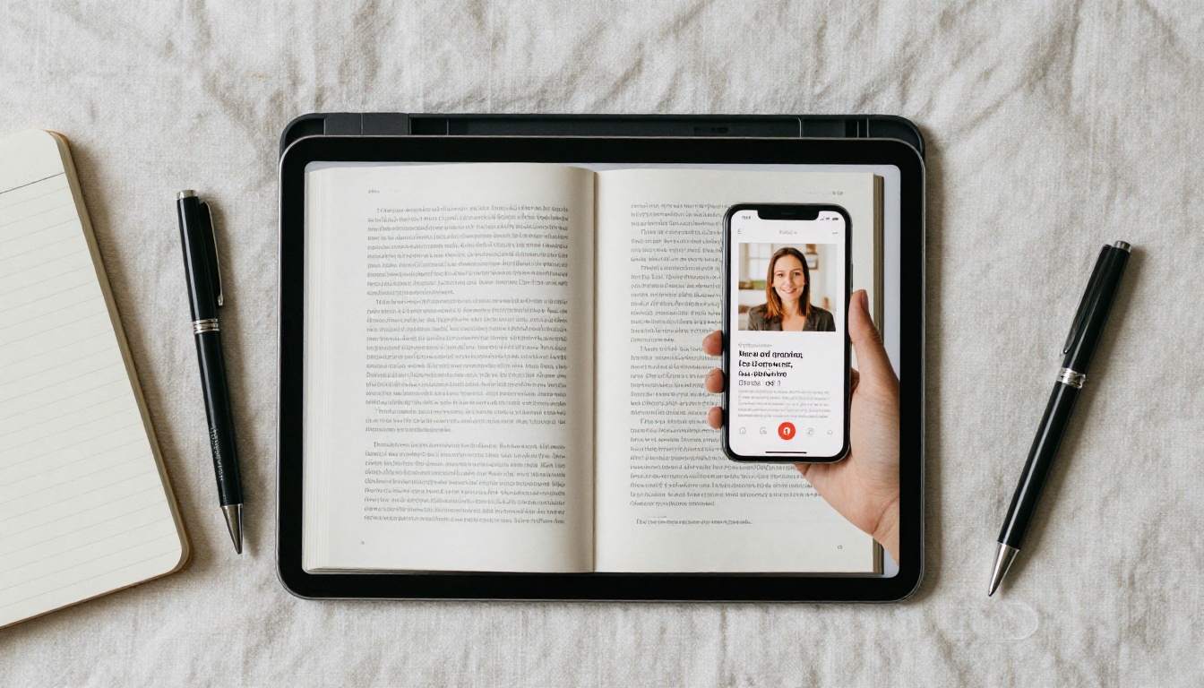 A tablet and a smartphone both showing the same digital page-turning book on a linen surface