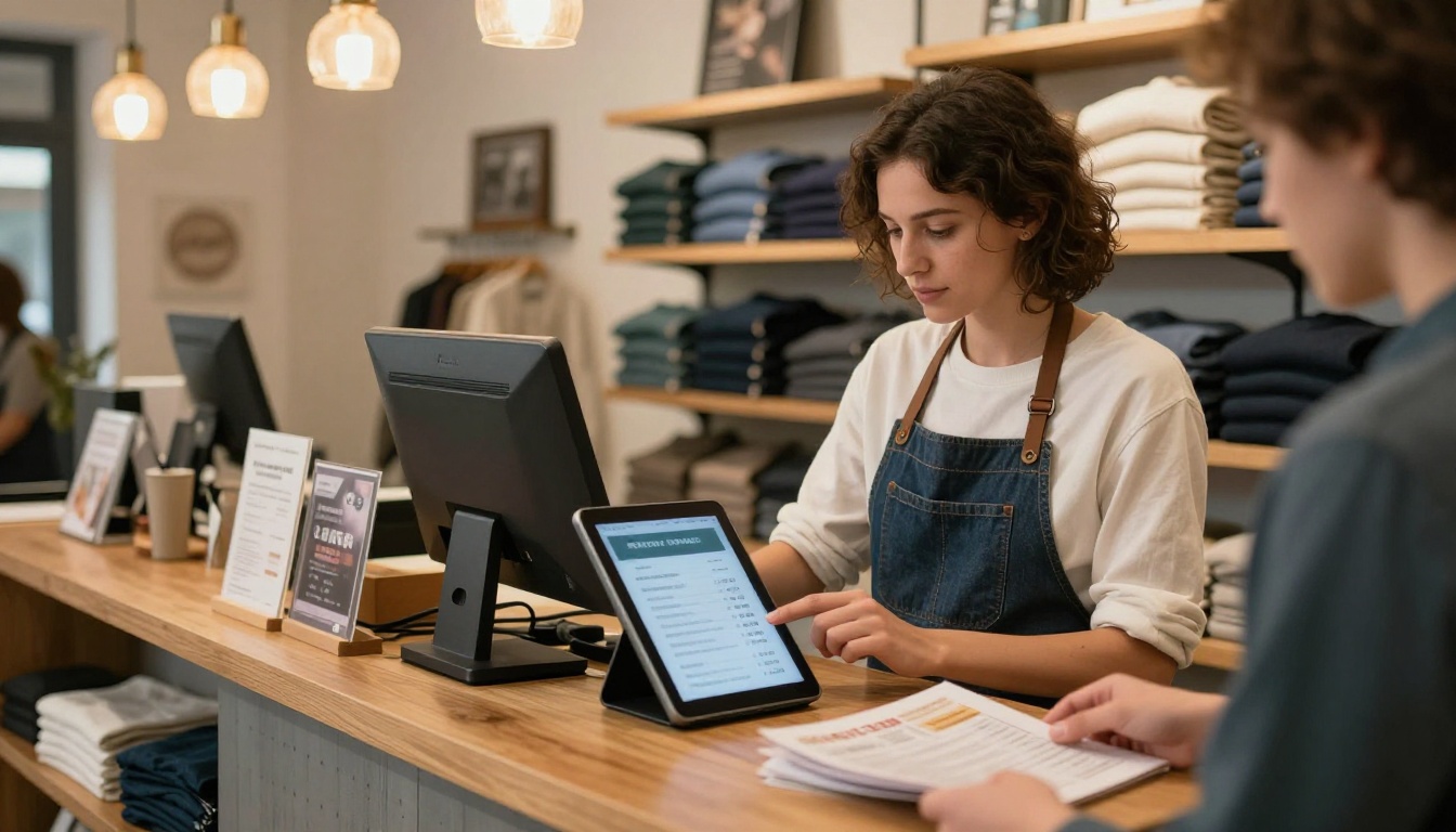 A cashier entering a promo code at a boutique checkout counter while a customer holds a printed catalog