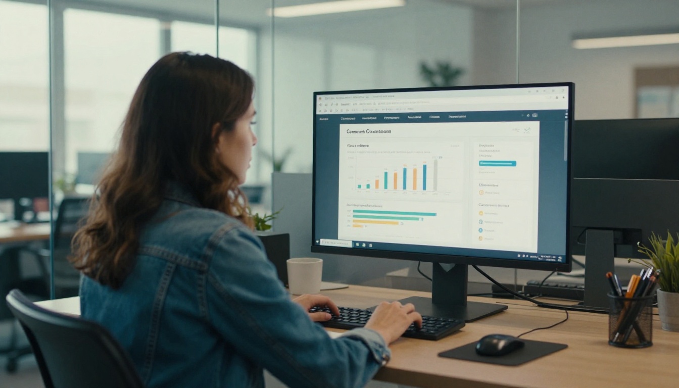 A woman in a denim jacket reviewing a course analytics chart on a monitor