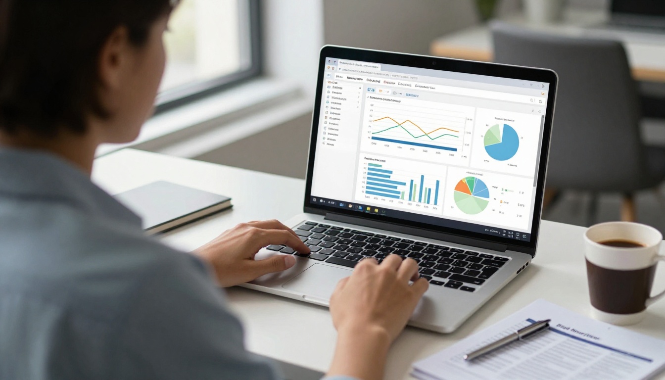 A marketing analyst reviewing sales dashboard charts next to a printed catalog