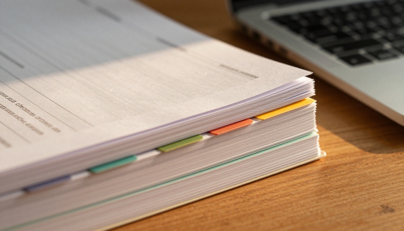A stack of printed course workbooks with colored tabs on a wooden table