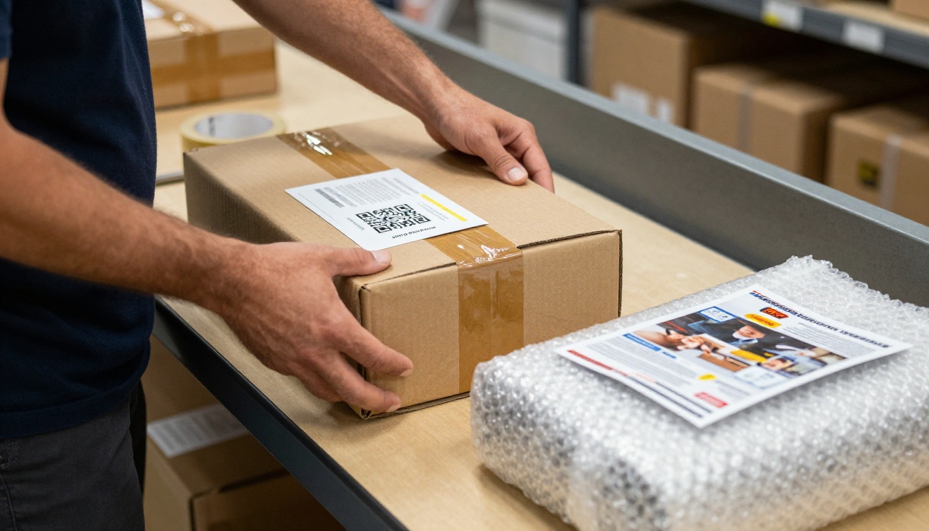 A worker packing a parcel with a QR code insert and a folded catalog
