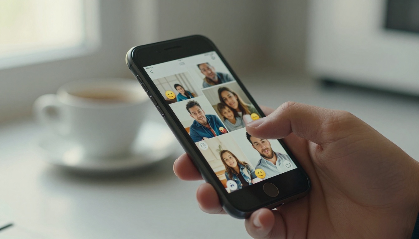 Close-up of a thumb scrolling a family group chat on a smartphone