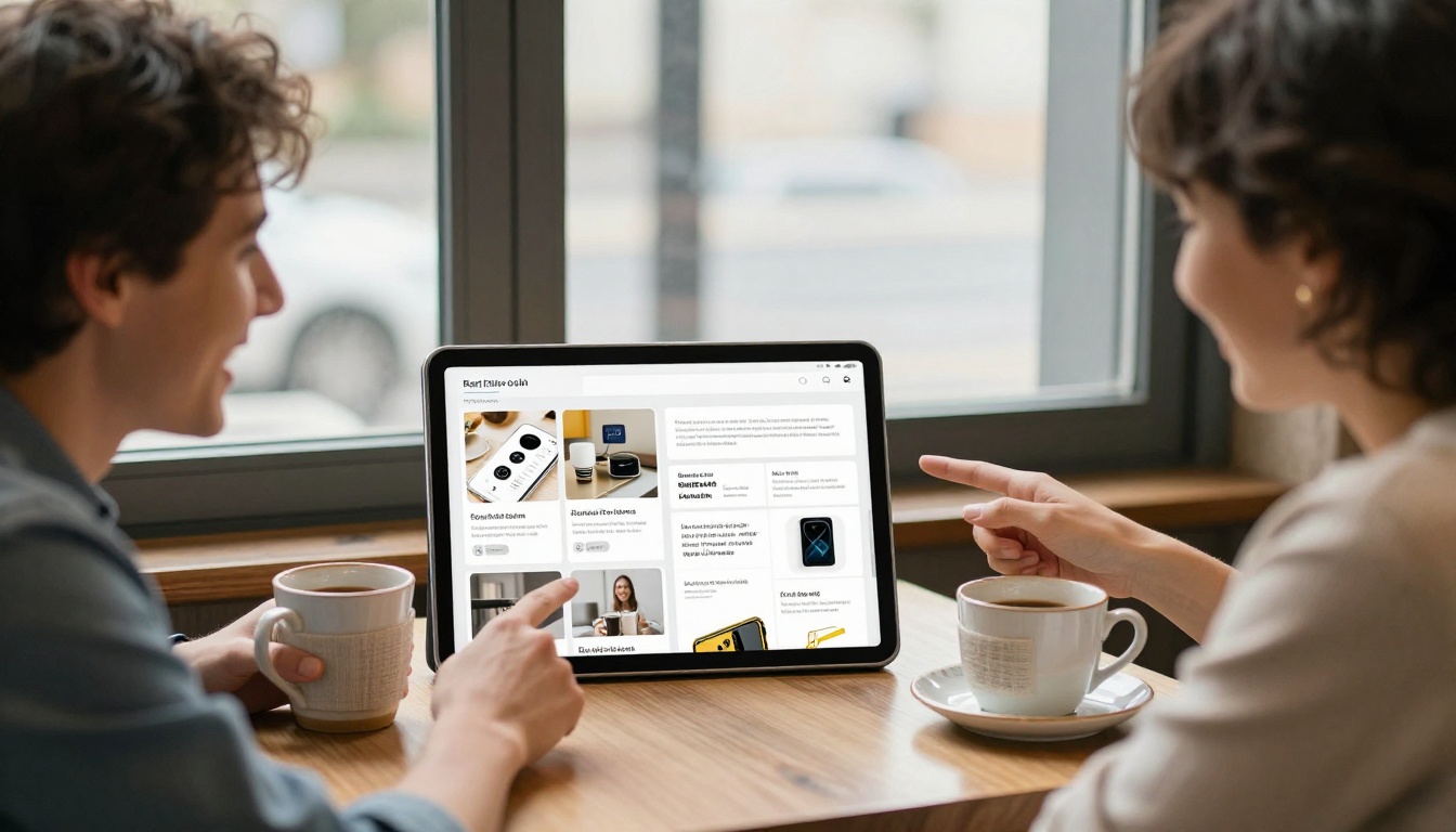 Two colleagues comparing a printed catalog and a digital flipbook catalog on a tablet