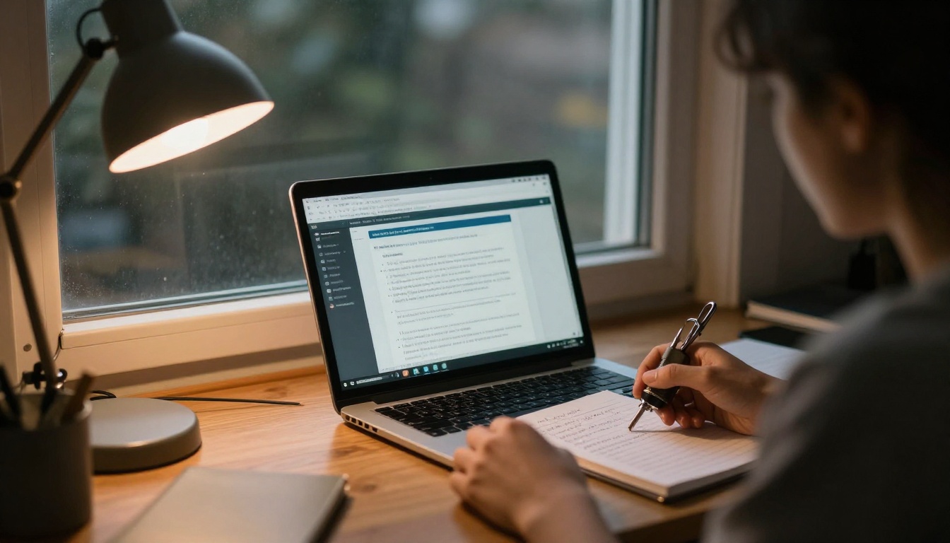 A laptop with a lesson page beside a padlock keychain and a notepad on a dim desk