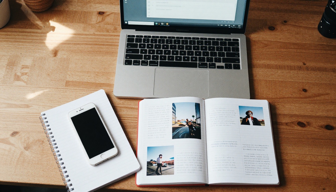 Desk with a laptop showing an export screen, a phone and printed photos