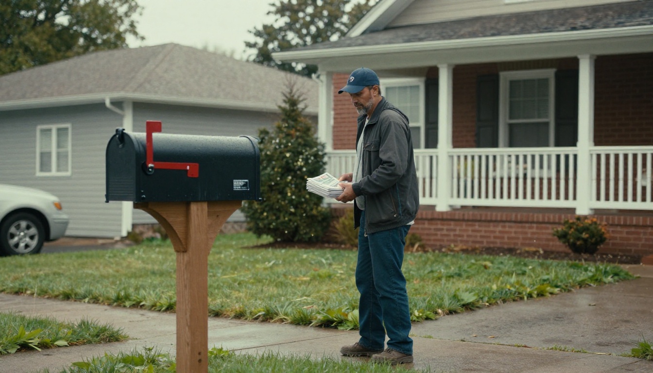 A postal worker handing a stack of printed catalogs to a resident