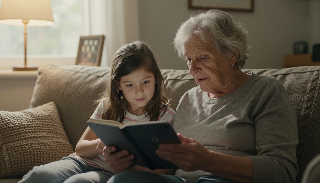 Grandmother and granddaughter on a sofa looking at a tablet showing a page-turning book
